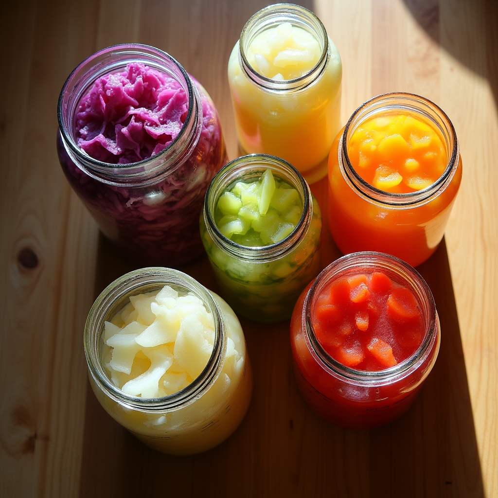 Row of glass fermentation jars with colorful vegetables on a warm kitchen counter bathed in afternoon light