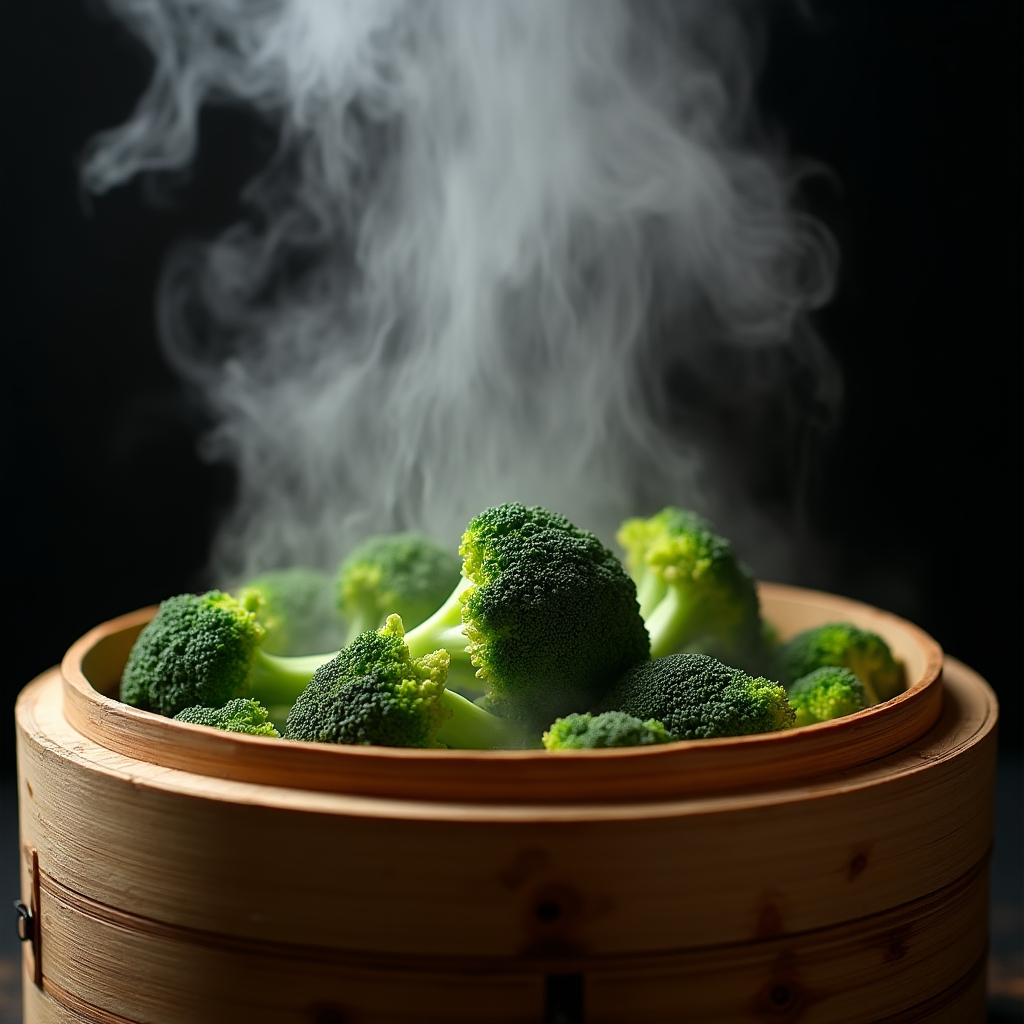 Steam rising from freshly cooked broccoli florets