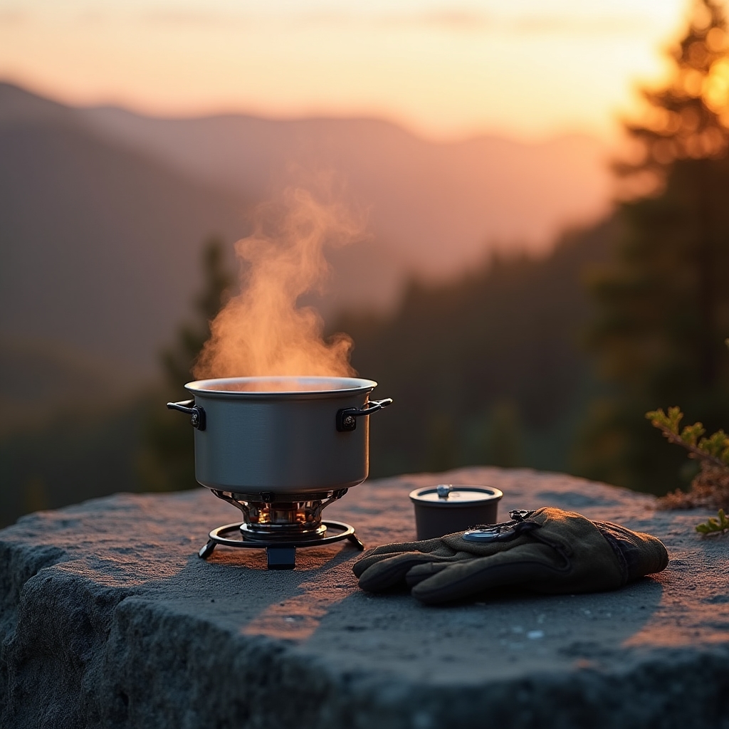 A camp stove on a rocky mountain ledge with a small pot steaming against a backdrop of forested hills at golden hour
