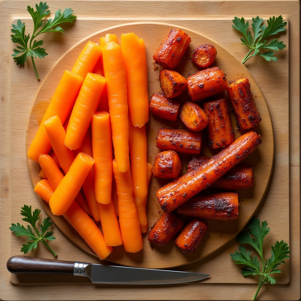 Side by side comparison of raw orange carrot sticks and roasted glazed carrot pieces on a wooden board