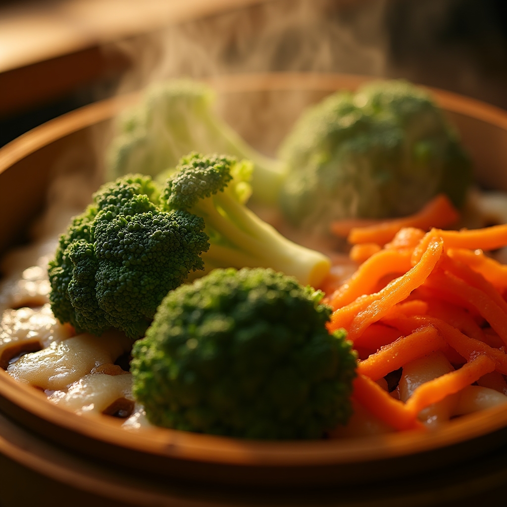 Close-up of broccoli florets suspended above boiling water in a bamboo steamer